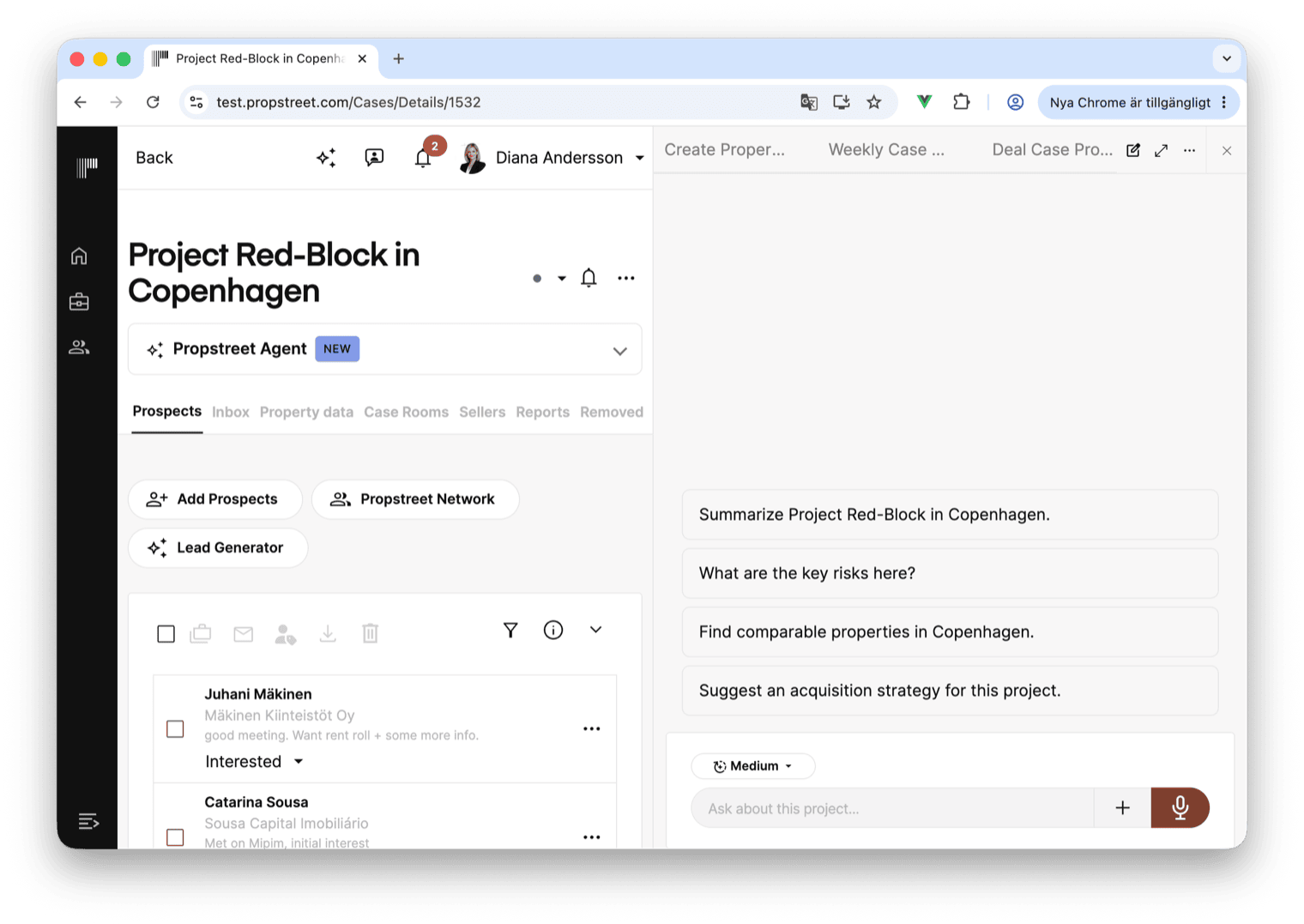 Førstegangs-tomtilstanden af Agent-panelet, der viser overskriften Propstreet Agent, undertitlen "Quick shortcuts — let the agent do the heavy lifting" og de fem genvejskort.