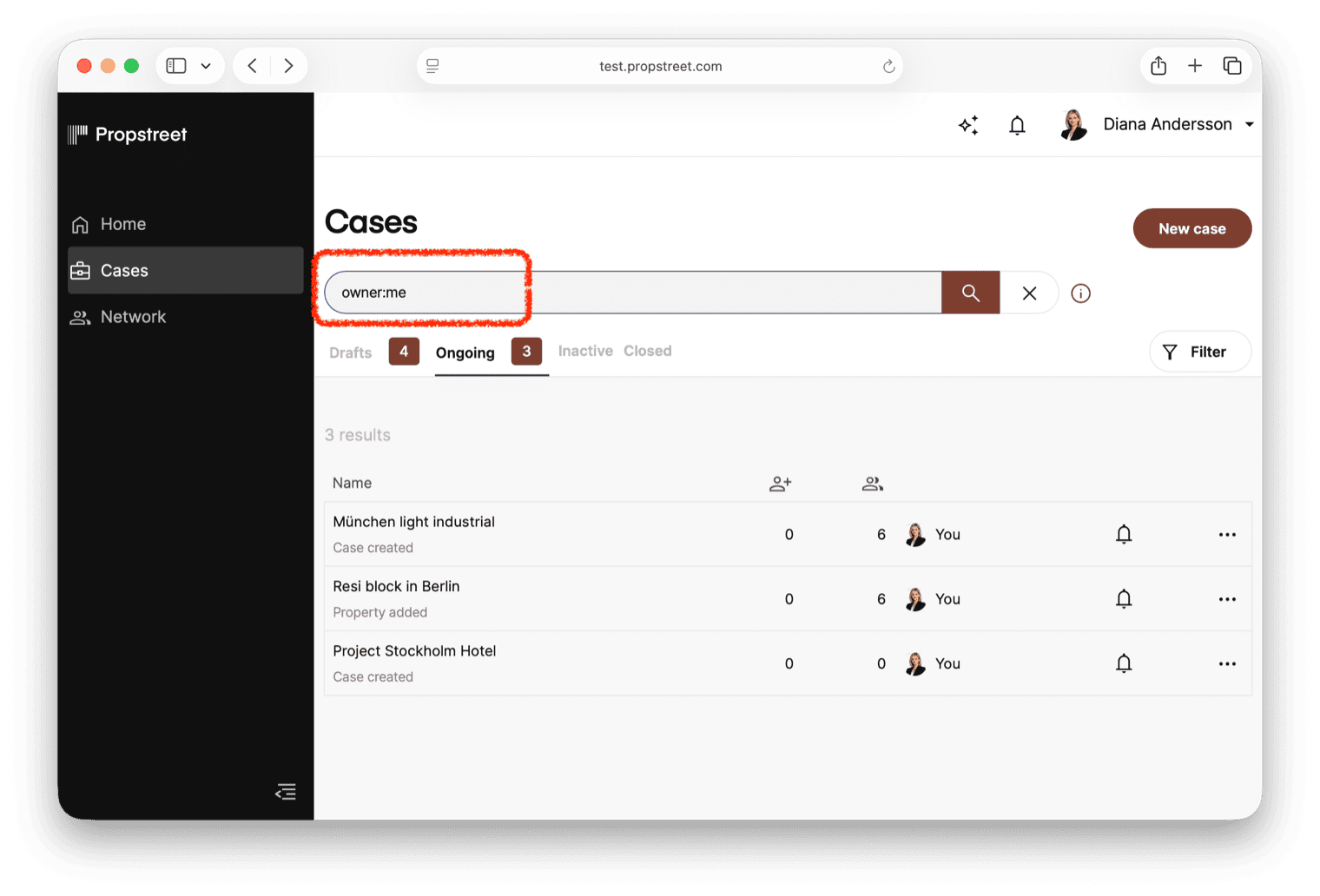 Sökfältet i uppdragslistan med filtret owner:me aktivt — visar bara dina egna uppdrag.