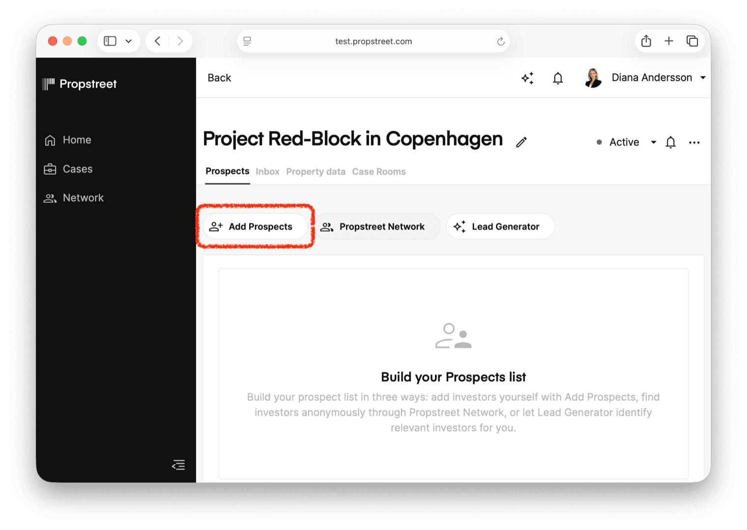 Klicka på Lägg till-knappen i prospektlistan för att öppna sidopanelen.