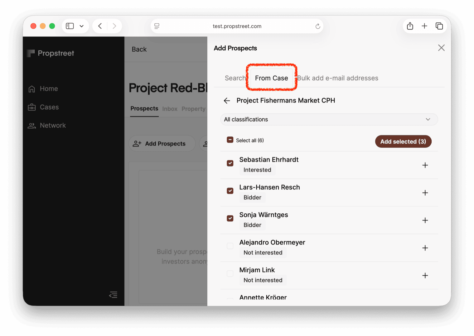 Fliken Från Uppdrag med ett valt uppdrag, klassificeringsfilter och markerade prospekt redo att läggas till.